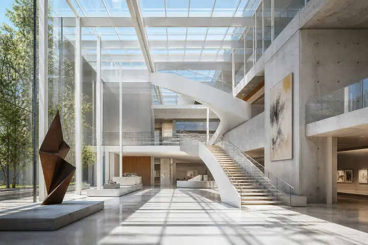 Original architectural visualization of a bright museum atrium with glass roof and floating stair