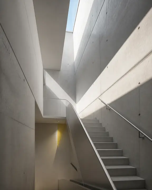 Original concrete stairwell visualization with skylight and shadows