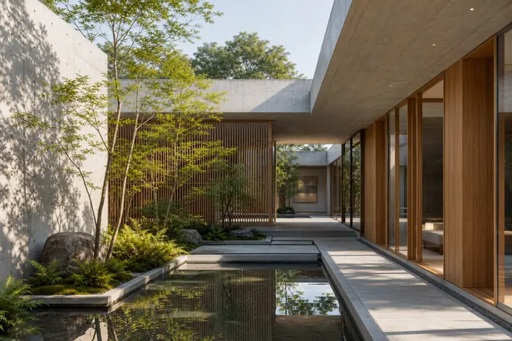 Original courtyard house visualization with concrete, timber, water, and garden