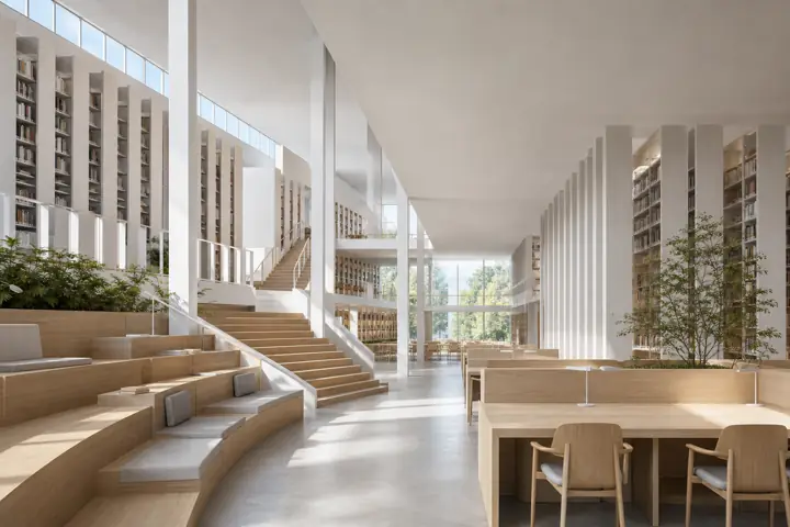Original public library interior visualization with clerestory windows and oak terraces