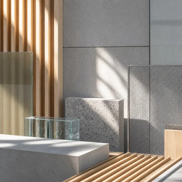 Original architectural material study wall visualization with concrete, glass, timber, and metal mesh