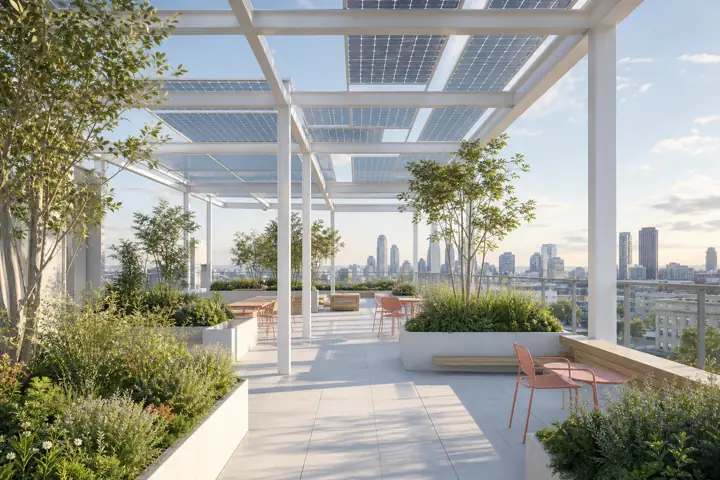 Original rooftop garden pavilion visualization with canopy frames and planting