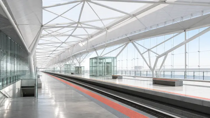 Original train station canopy visualization with white trusses and platform lines