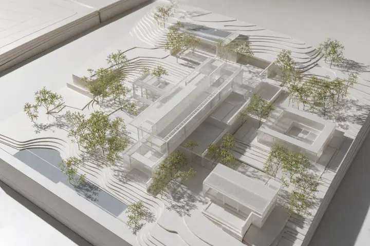 Original physical architectural study model with contour lines and trees