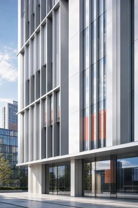 Original urban tower facade visualization with modular fins and glass