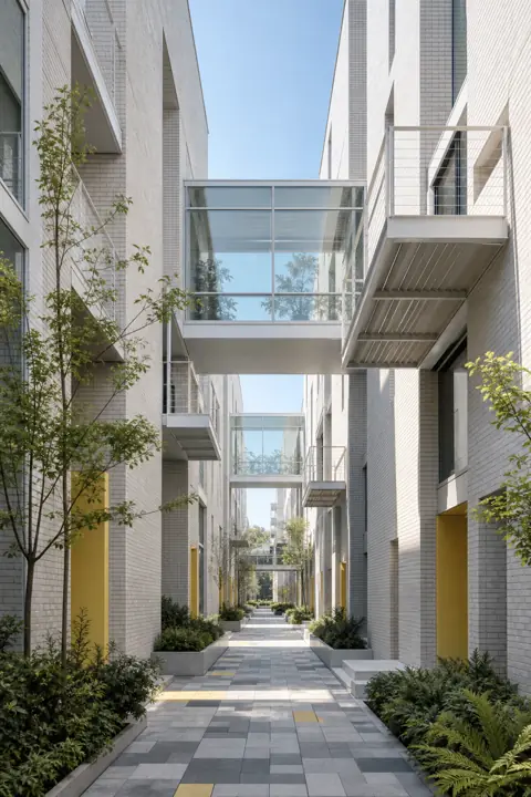 Original urban passage visualization with pale brick buildings and glass bridges