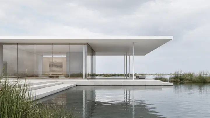 Original waterfront cultural pavilion visualization with thin roof and reflective water